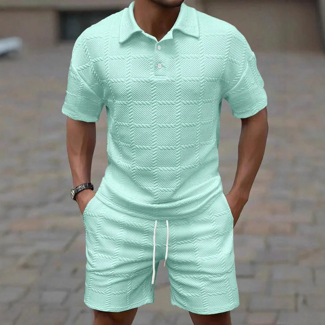 2026Summer Male Casual Two Pieces Suits Vintage Polo Neck Short Sleeve Tops And Shorts Men's Sets Fashion Plaid Textured Outfits