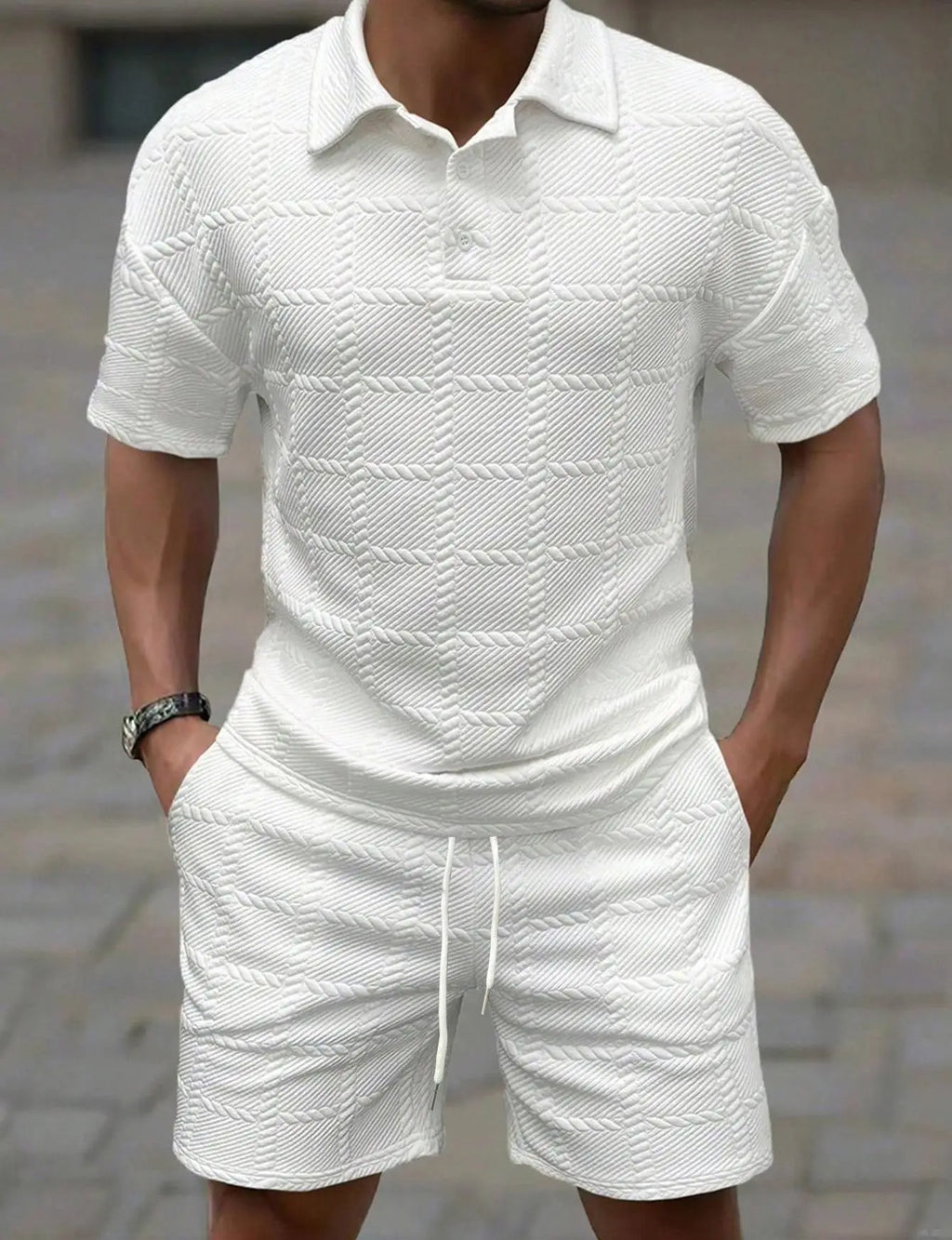 2026Summer Male Casual Two Pieces Suits Vintage Polo Neck Short Sleeve Tops And Shorts Men's Sets Fashion Plaid Textured Outfits