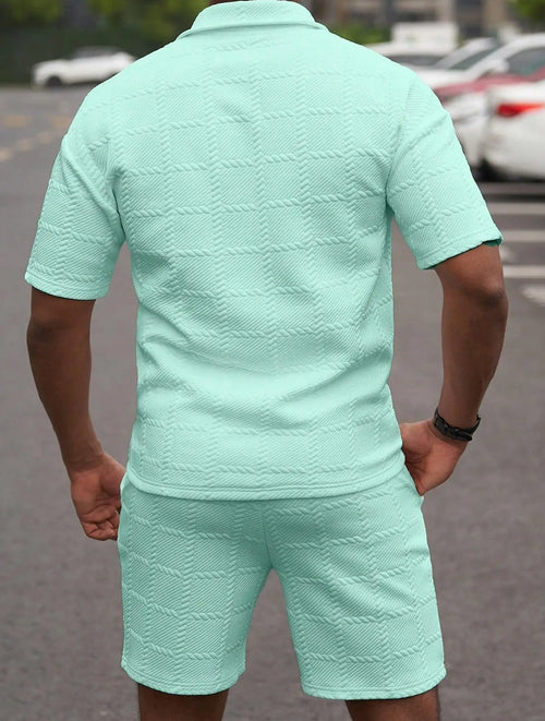 2026Summer Male Casual Two Pieces Suits Vintage Polo Neck Short Sleeve Tops And Shorts Men's Sets Fashion Plaid Textured Outfits