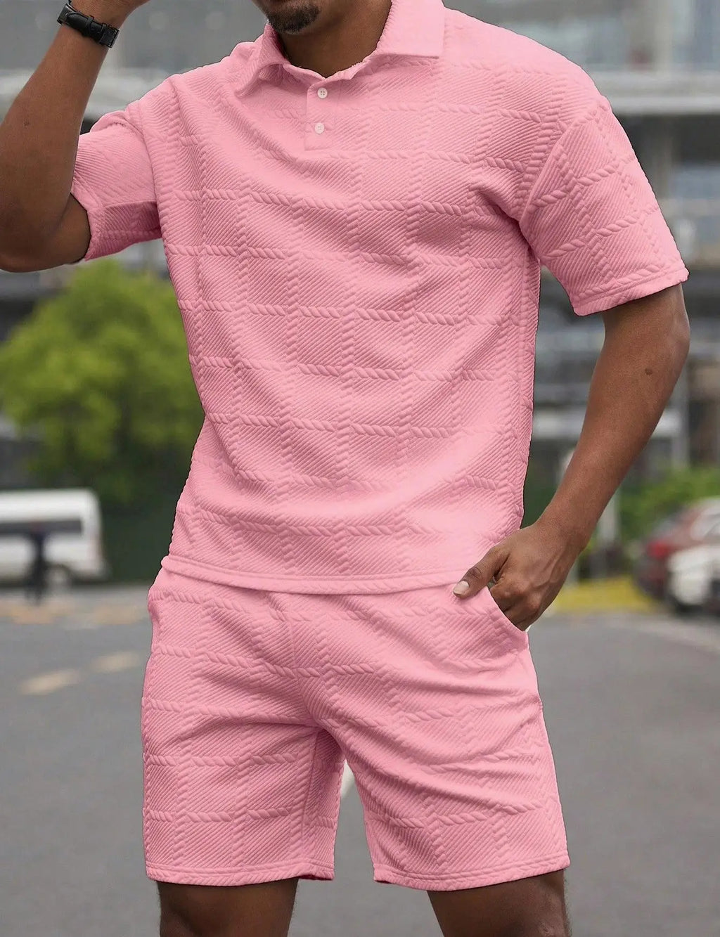 2026Summer Male Casual Two Pieces Suits Vintage Polo Neck Short Sleeve Tops And Shorts Men's Sets Fashion Plaid Textured Outfits