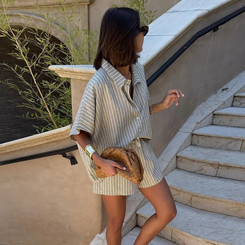 Womens Summer Suit With Shorts Striped Shirt Pocket Shorts Loose Casual Suit Elegant Cotton Linen Suit Women Two Piece Lady Sets