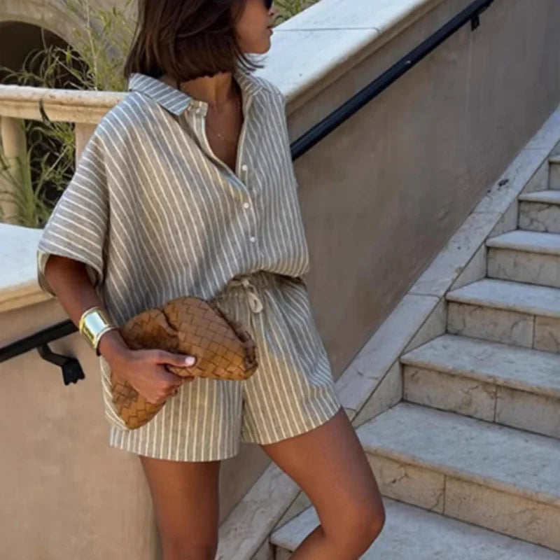 Womens Summer Suit With Shorts Striped Shirt Pocket Shorts Loose Casual Suit Elegant Cotton Linen Suit Women Two Piece Lady Sets