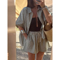 Womens Summer Suit With Shorts Striped Shirt Pocket Shorts Loose Casual Suit Elegant Cotton Linen Suit Women Two Piece Lady Sets
